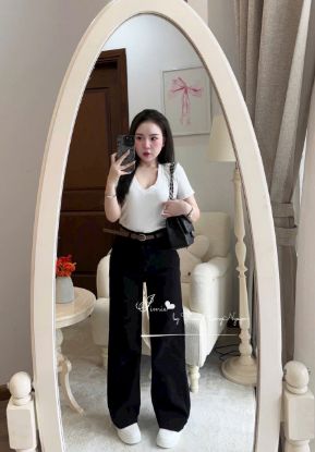 Ảnh của Set áo phông cổ tim mix quần suông kèm đai