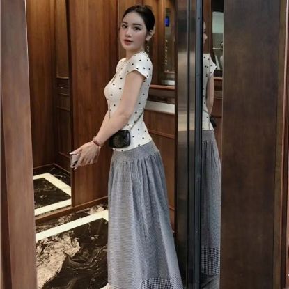 Ảnh của Set áo tim mix cv kẻ kèm chun tóc