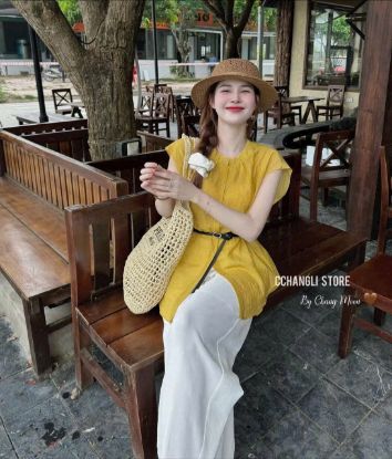 Ảnh của Set 3CT áo vàng quần suông kèm belt